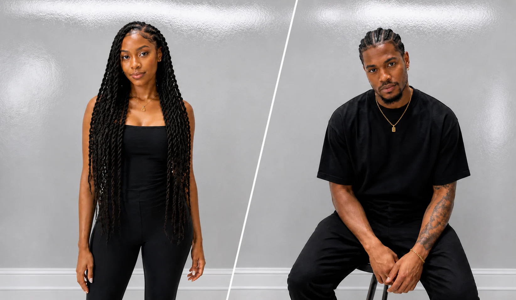 Women’s and men’s braided styles in a gray studio
